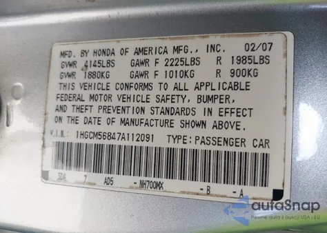 2007 Honda Accord 2.4 Ex from USA, damaged, VIN 1HGCM56847A112091